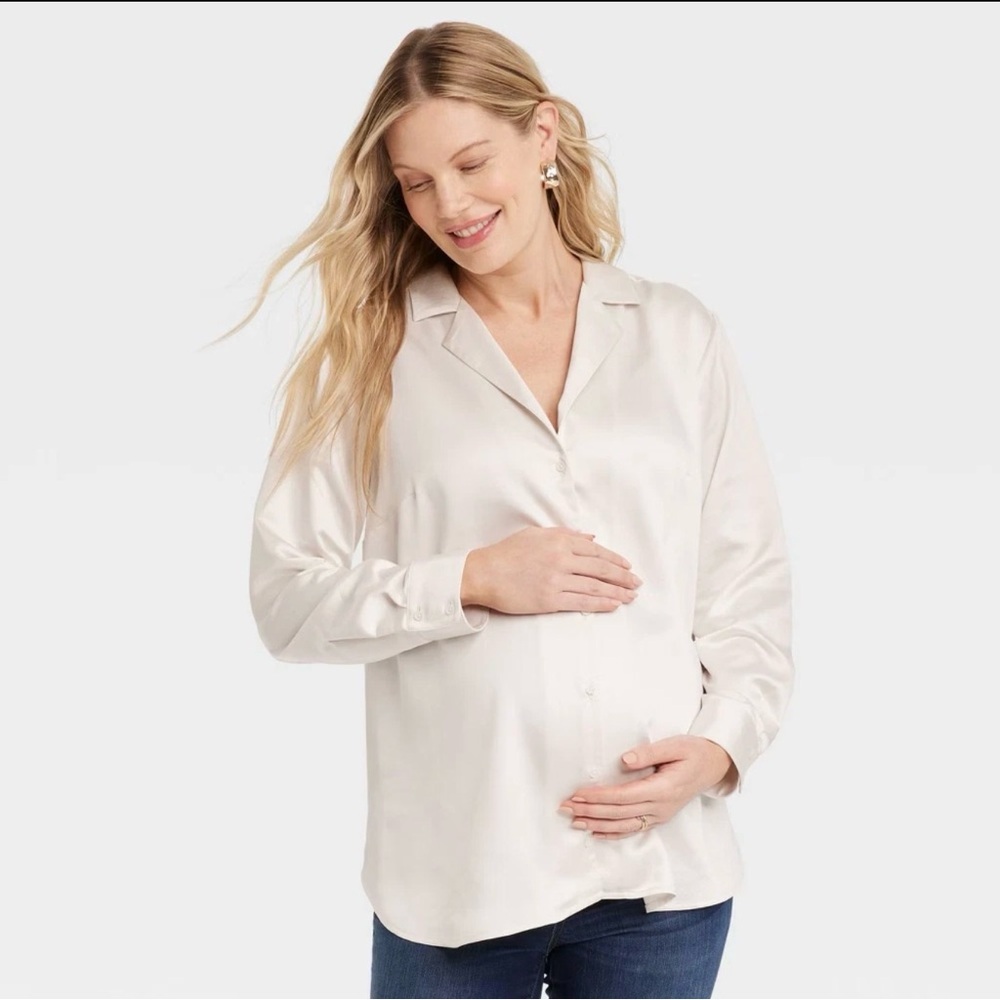 Isabel Maternity Ivory Satin Button-Front Blouse XXL NWT
